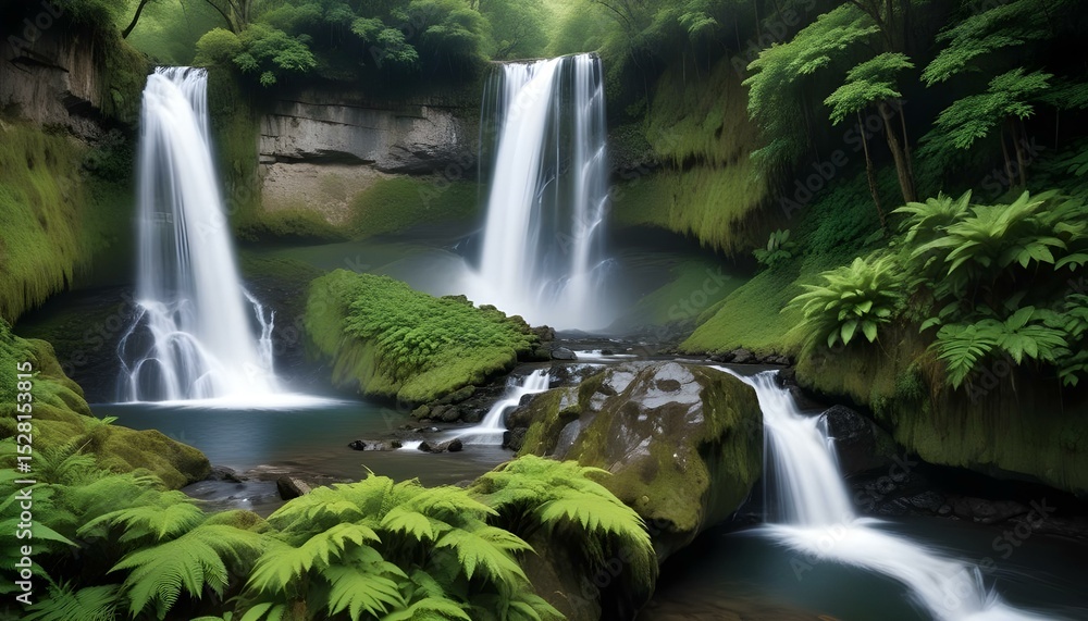 Fototapeta premium Three stunning waterfalls cascade through a lush green forest, creating a tranquil scene.