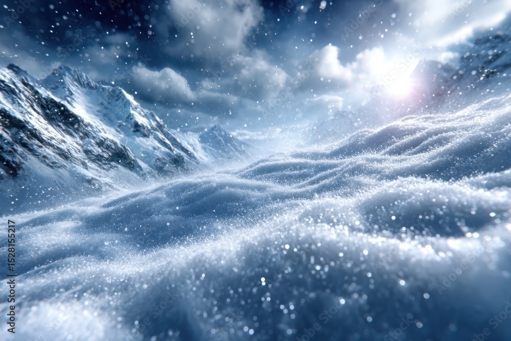 Fototapeta premium Snow-covered mountain landscape under a cloudy sky at dawn