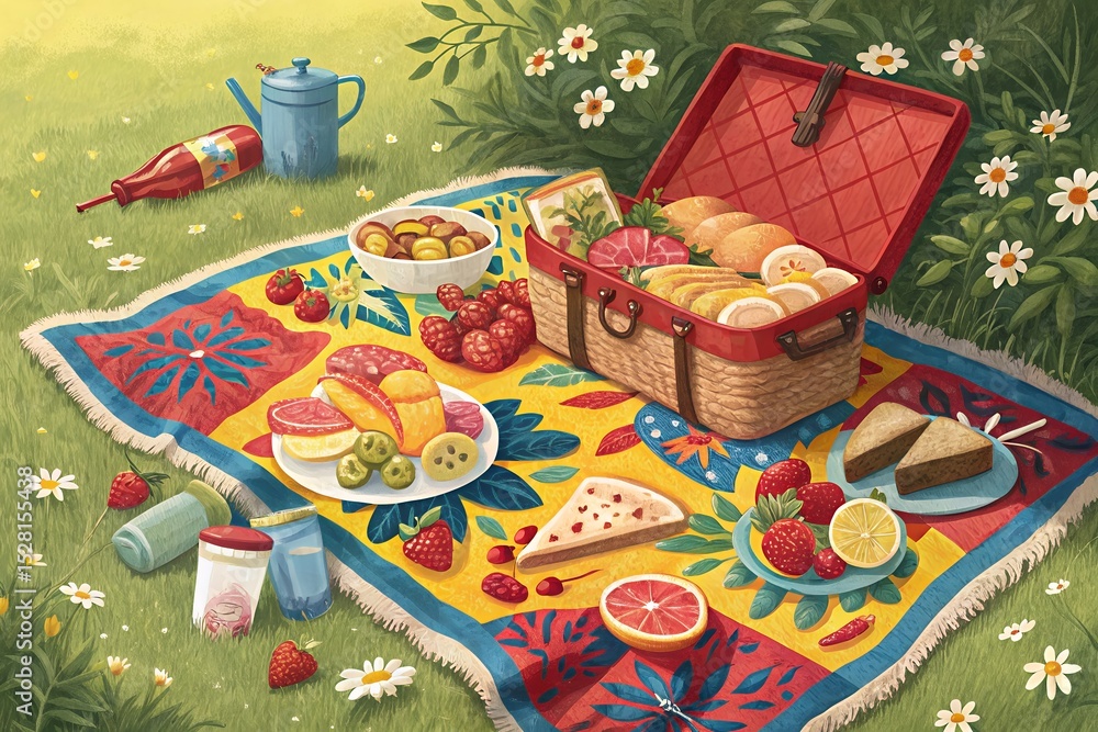 Fototapeta premium Vibrant Summer Picnic Colorful Blanket, Fresh Fruits, and Delicious Treats