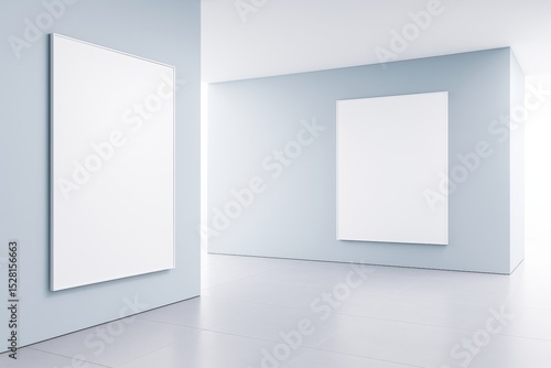 Blank white posters on light blue walls in a clean  modern interior room with tiled floor and soft lighting  minimalist space for branding mockup.