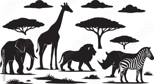African Safari Animals Silhouette Collection Elephants, Giraffes, Lions, Rhinos, Zebras