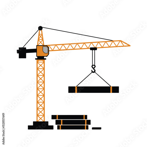 An illustration shows an orange construction crane lifting a long black beam, with additional beams stacked on the ground beside the crane's base.