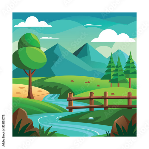 Minimalist green pastures with wooden fence and river