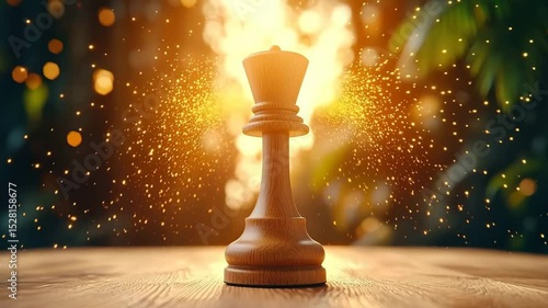 Wooden chess king piece on table with glowing golden light, wood texture, and sparkling particles in background, symbolizing victory, power, strategy, and inspiration in dramatic atmosphere