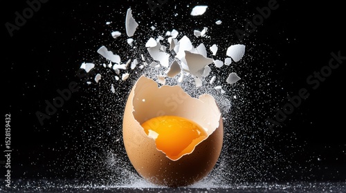 Explosive moment single egg shattering in midair food isolated dynamic viewpoint