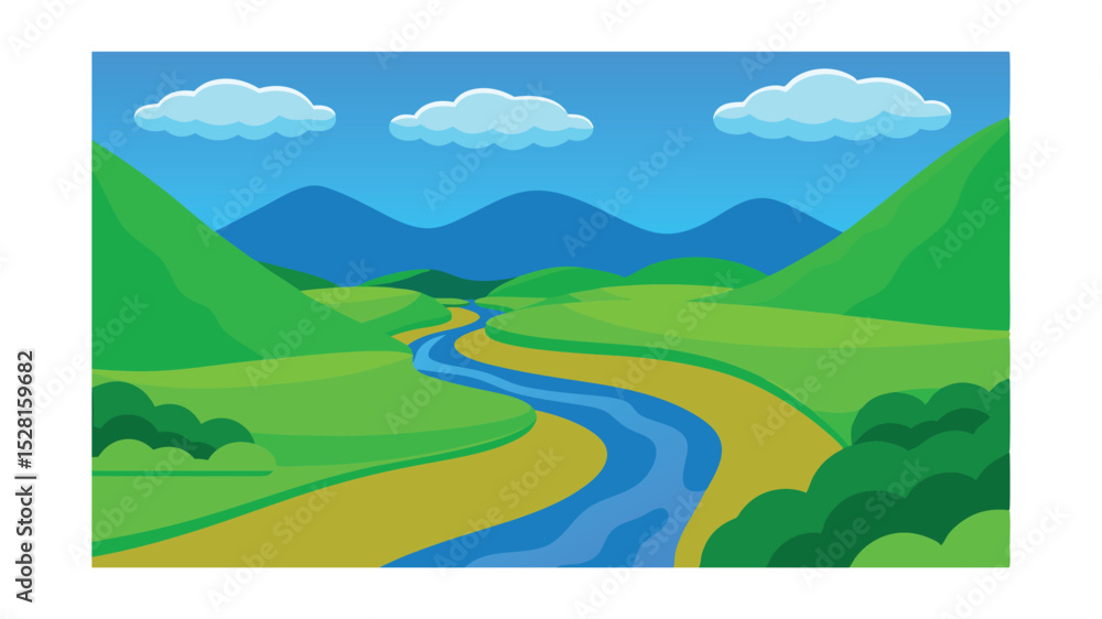 Obraz premium Minimalist green valley with river under blue sky