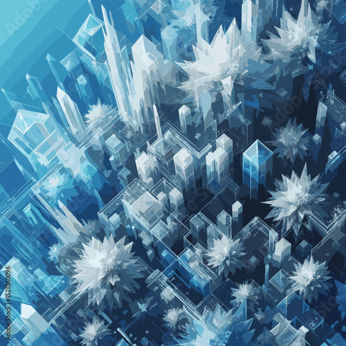 Abstract crystal cityscape with intricate geometric shapes and icy textures in a blue gradient