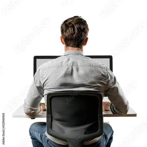 Man sitting at white desk in front of a laptop computer from behind, wearing jeans and a button-down shirt