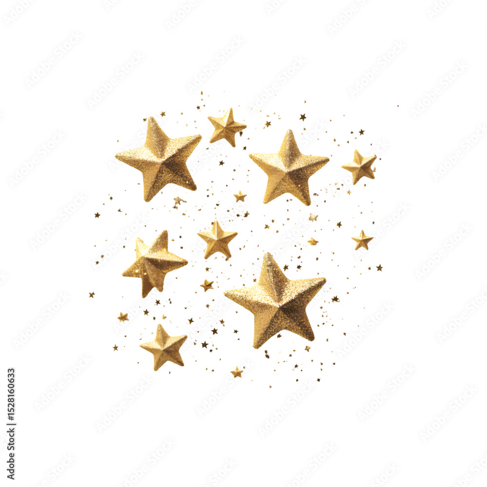 Obraz premium Sparkling Golden Stars on transparent background: Celebration, Christmas, Festive Season.
