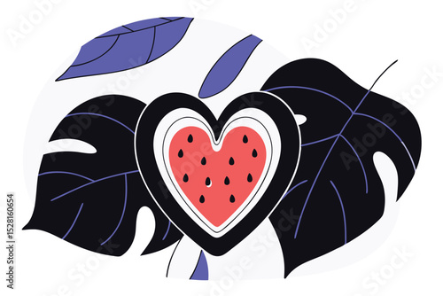 A charming design featuring a heart shaped watermelon illustration crafted with red hues and utilizing helvetica and courier fonts