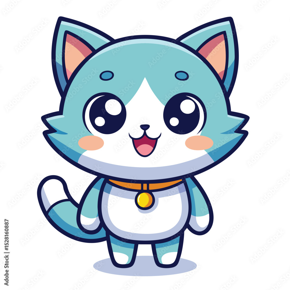 Obraz premium Cute light blue cartoon cat with big eyes and a happy expression, wearing a collar