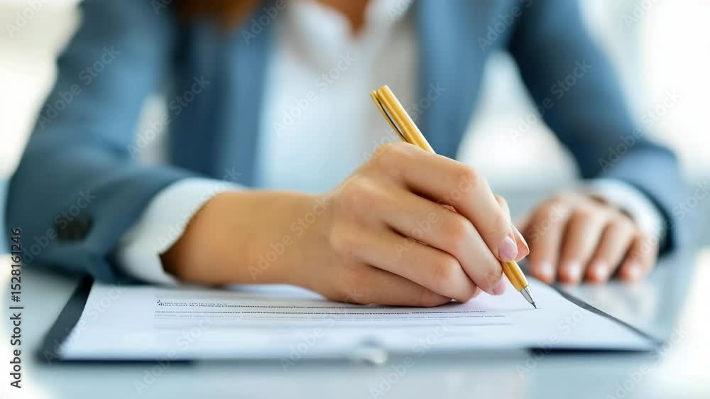 Businesswoman hand holding pen signing document close up professional ...