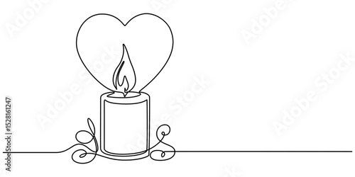 Continuous line drawing. Candles and heart. Black isolated on white background. Hand drawn vector illustration, Candle with a heart, Burning fire candle with love continuous one line drawing, Continue