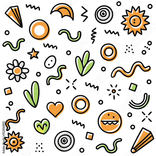 Abstract doodle pattern with geometric shapes, flowers, leaves, and faces in warm colors