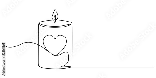 Continuous line drawing. Candles and heart. Black isolated on white background. Hand drawn vector illustration, Candle with a heart, Burning fire candle with love continuous one line drawing, Continue