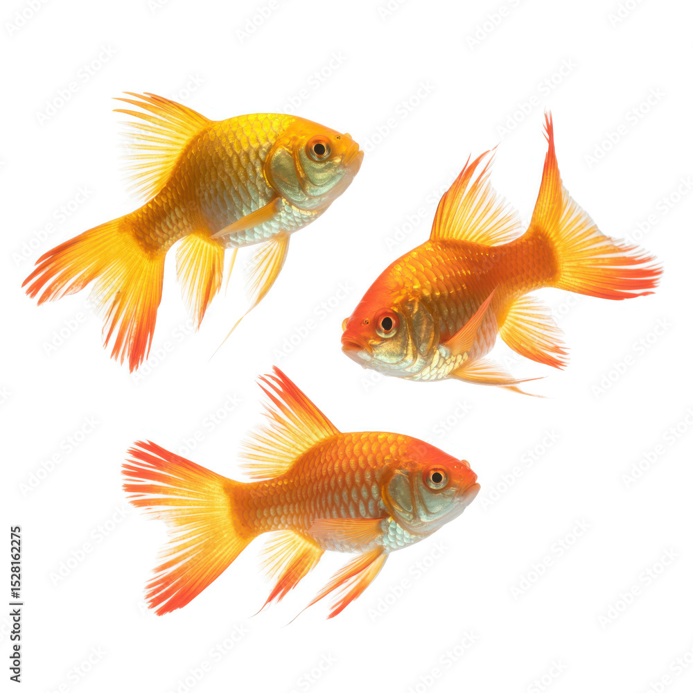 Naklejka premium Three golden ornamental fish captured in motion with elegant tail flow and bright red-orange gradient isolated transparent backgrou