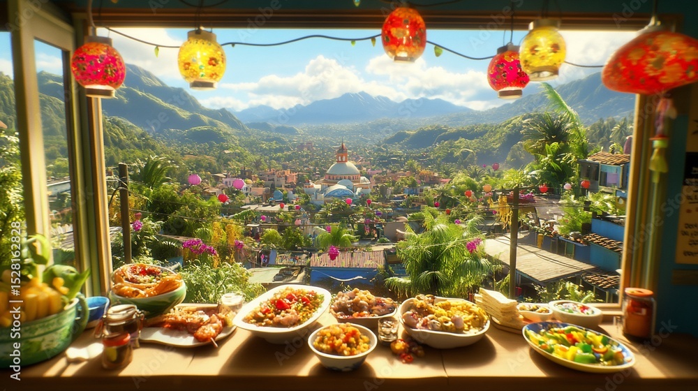 Tropical Village View from Window with Food Display Tropical Village View from Window with Food Display