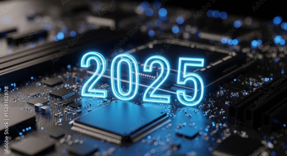 Obraz premium Futuristic technology concept with glowing 2025 on microchip circuit board