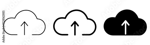 Cloud upload icon set with outline, bold, and solid styles, vector graphic for data storage, network transfer, file sharing, and online backup concepts, minimalist design for app ui/ux.