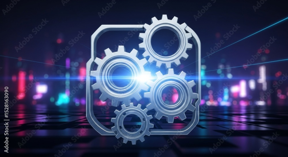 Obraz premium Futuristic gear mechanism with neon lights for technology and innovation designs