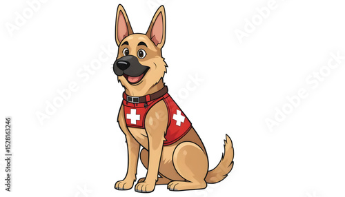 Rescue dog cartoon German Shepherd wearing red vest with white crosses sits happily