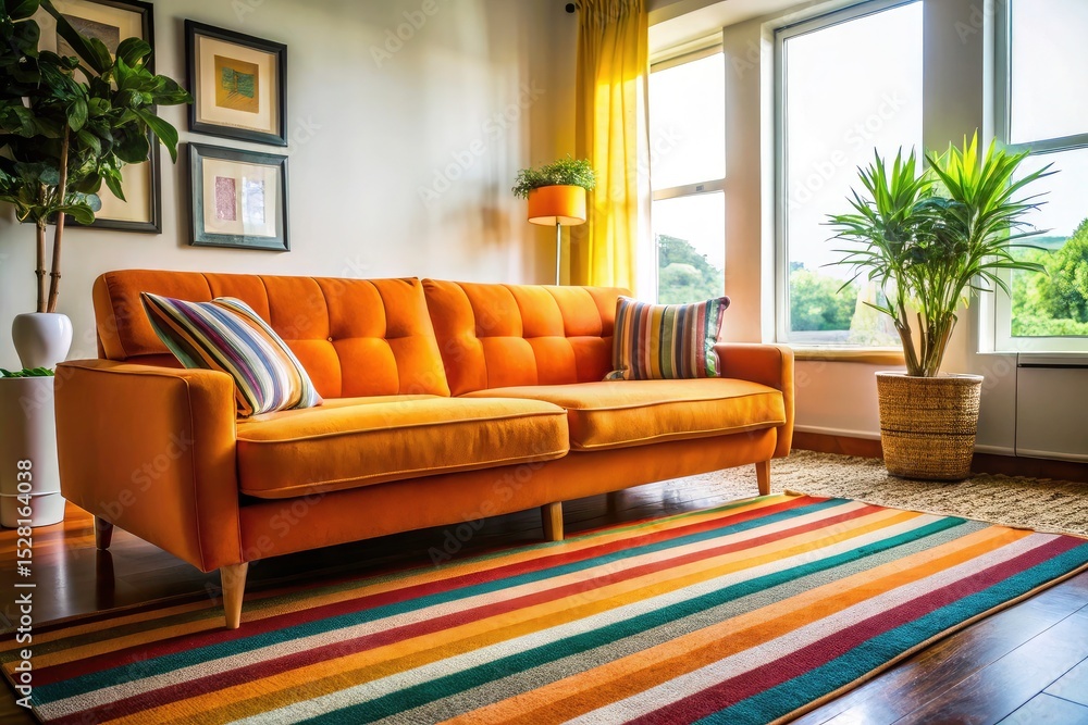 Fototapeta premium Documentary photograph: A lively orange couch and striped rug define this energetic living room.