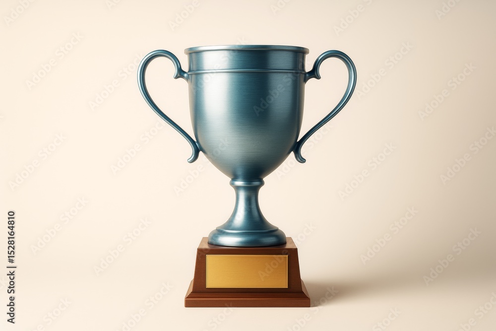Blue metallic trophy cup with wooden base and blank golden nameplate on light background for business concept and advertising mockup template. Blue metallic trophy cup with wooden base and blank golden nameplate on light background for business concept and advertising mockup template.