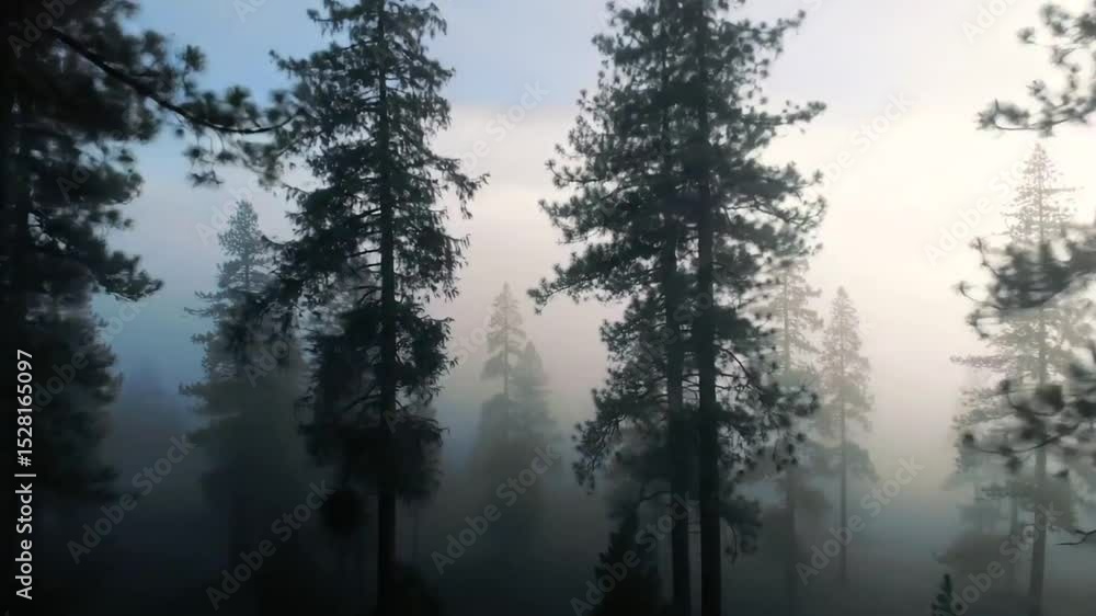 Misty forest, tall pines shrouded in fog Misty forest, tall pines shrouded in fog