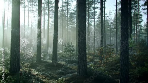 Misty forest with spider webs