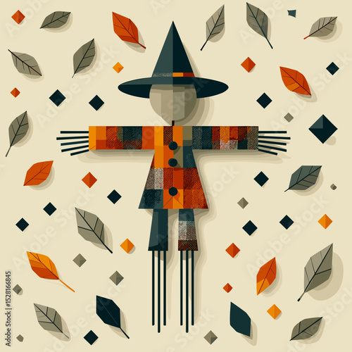 Stylized scarecrow decorated with autumn leaves and geometric patterns in a playful design