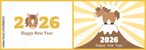 2026 Japanese New Year kawaii horse on mt Fuji, rising sun card collection. Flat vector illustration. Zodiac sign, kawaii animal character. Traditional holiday design elements, seasonal celebration