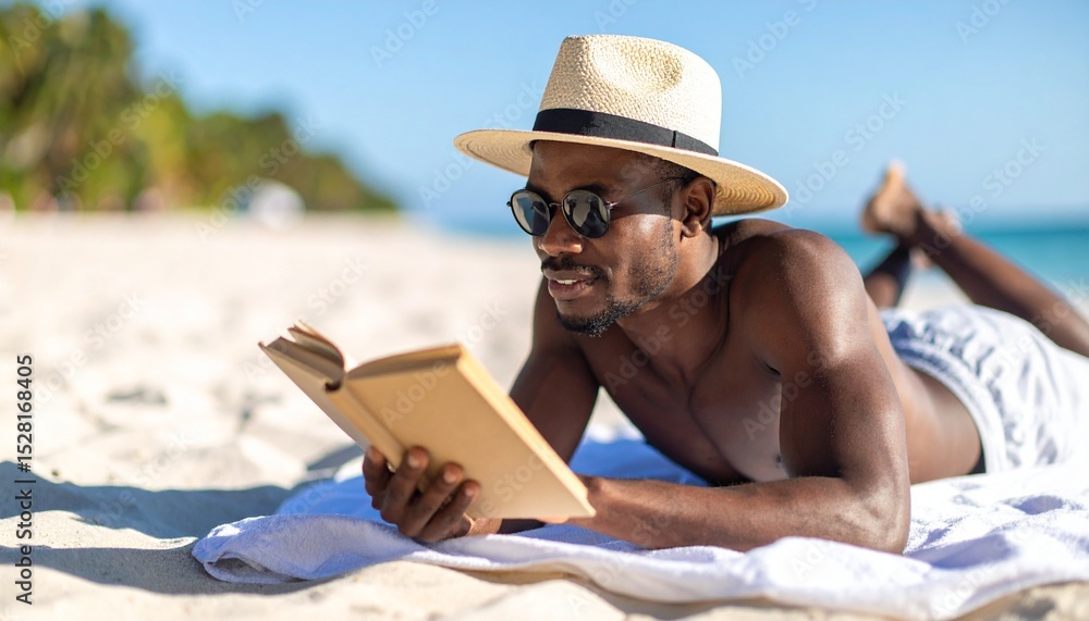 Fototapeta premium Un hombre joven con sombrero de paja y gafas de sol tumbado sobre una toalla en una playa y leyendo un libro. Vacaciones y relax