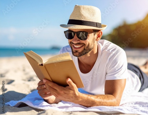 Un hombre joven con sombrero de paja y gafas de sol tumbado sobre una toalla en una playa y leyendo un libro. Vacaciones y relax
