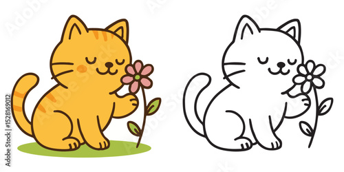 Coloring Book For Kids Cute Cartoon Happy cat sniffing flower Outline Vector Illustration