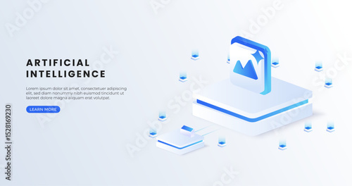 Artificial intelligence image isometric vector illustration. Machine generation image technology, computer electronics and AI system landing page template.