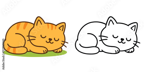 Coloring Book For Kids Cute Cartoon Sleeping kitten on grass Outline Vector Illustration