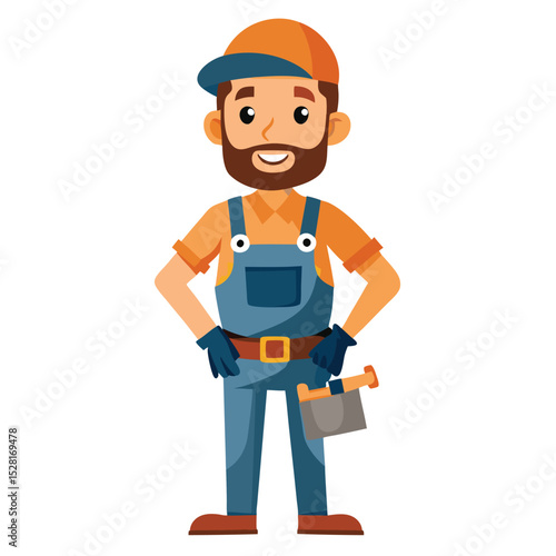 Cartoon illustration of a worker in overalls with a tool