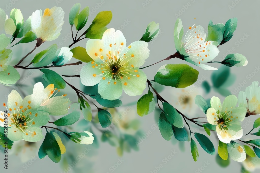 Fototapeta premium Watercolor Painting of Delicate White and Green Blossoms on Branch