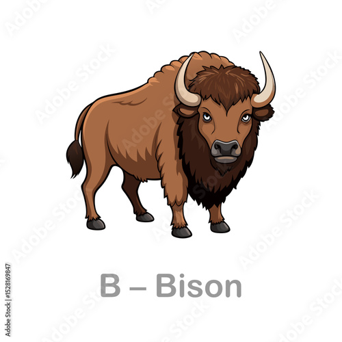 Bison vector illustration, cartoon clipart character, animal in flat style. Bison flashcard for kids. Wild animals. Vector