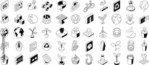 Minimalist Eco-Friendly Icons Set: Sustainable Living, Renewable Energy, and Environmental Conservation Symbols
