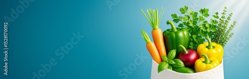 Fresh vegetables and herbs in eco bag on blue gradient background with copy space, perfect for food concept, banner or advertising template.