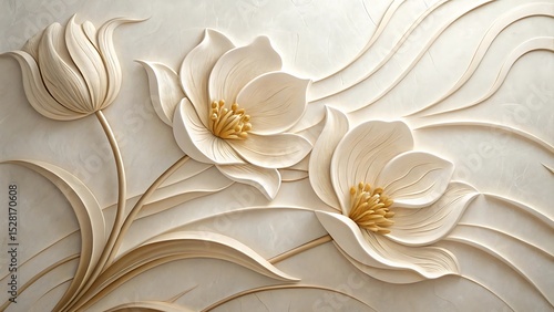 Fototapeta Naklejka Na Ścianę i Meble -  Elegant cream and gold 3d floral wall art design for interior decoration