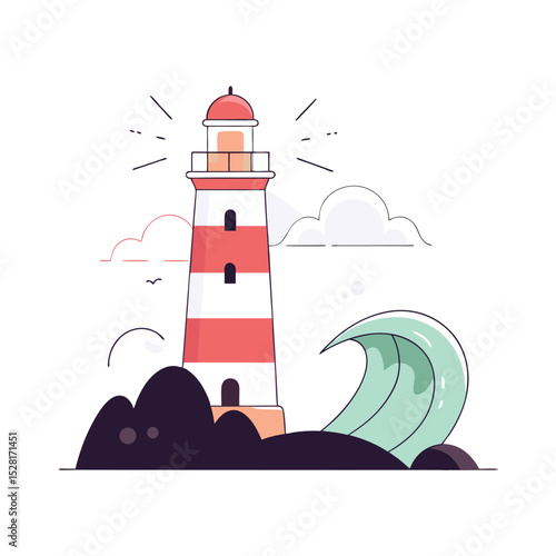 Red and white lighthouse beside crashing waves in flat style
