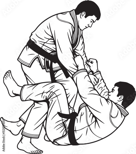 Black and White Illustration of Brazilian Jiu-Jitsu Grappling Two Martial Artists in Gi Practicing Ground Fighting Technique with Detail Line Art