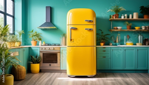 bright yellow retro refrigerator stands out in cozy turquoise kitchen interior