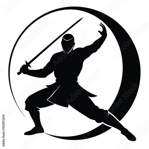 Silhouette of a Ninja Warrior with a Sword in a Circular Frame