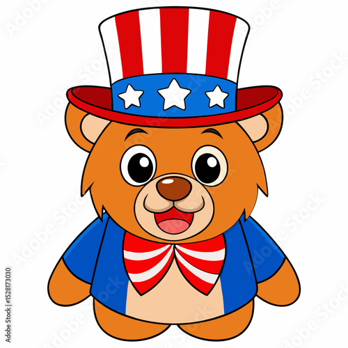 Cartoon bear teddy wearing Uncle Sam Hat. Patriotic character in national colors of the american flag for 4th of July public holiday card greetings. Vector illustration on a white background.