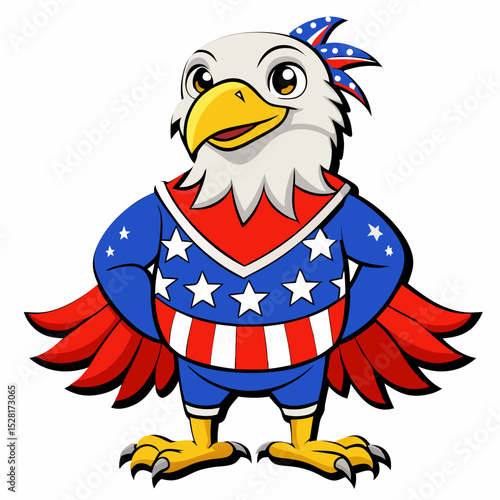Cartoon Eagle  Patriotic character in national colors of the american flag for 4th of July public holiday card greetings. Vector illustration on a white background.