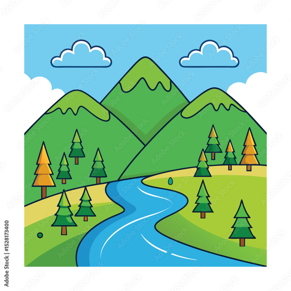 Obraz premium Rolling forest hills with river in flat vector design