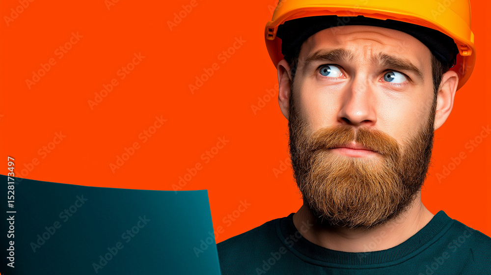 pensive construction worker: A thoughtful construction worker with a beard, wearing a hard hat, examines blueprints, lost in contemplation against a vibrant orange backdrop. pensive construction worker: A thoughtful construction worker with a beard, wearing a hard hat, examines blueprints, lost in contemplation against a vibrant orange backdrop.